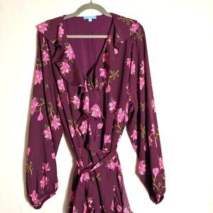 Draper James pink/eggplant cottage floral tiered long sleeve wrap midi dress 3X
